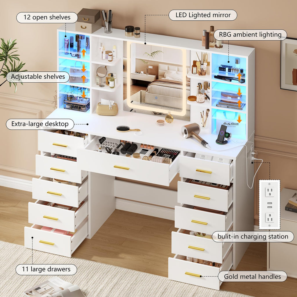 55" Extra-Wide White Makeup Vanity Desk with Lighted Mirror & 11 Drawers K997