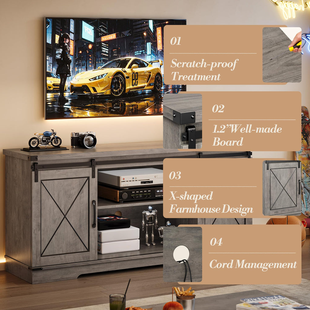 59" Farmhouse TV Stand with Sliding Barn Doors & Adjustable Shelves, Gray P5734