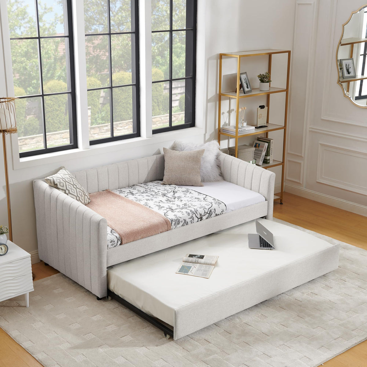 Beige Linen Twin Size Daybed with Trundle Z1891