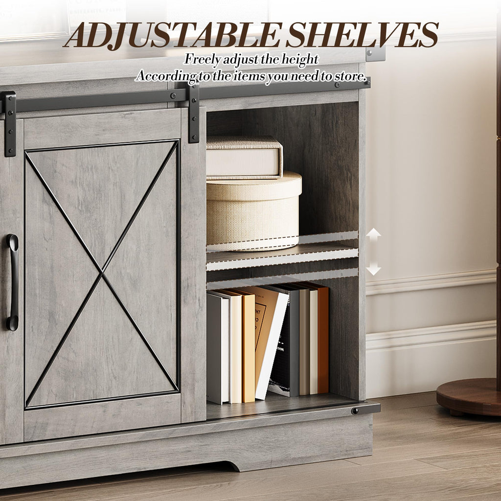 59" Farmhouse TV Stand with Sliding Barn Doors & Adjustable Shelves, Gray P5734