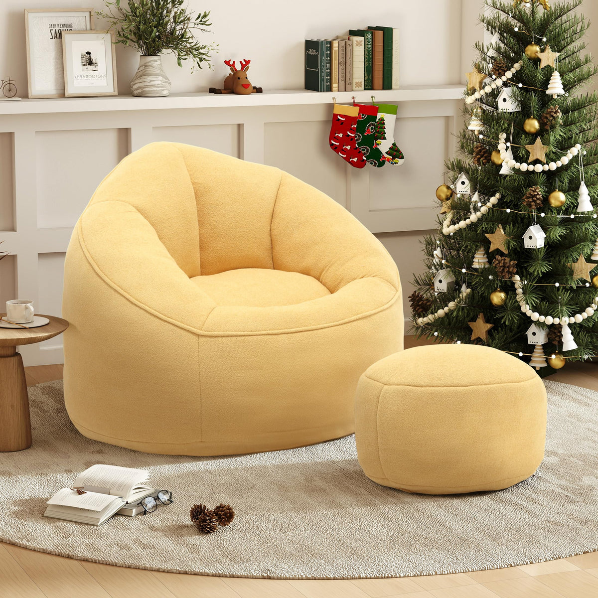 Yellow 3.4 FT Bean Bag Chair with Ottoman K886973