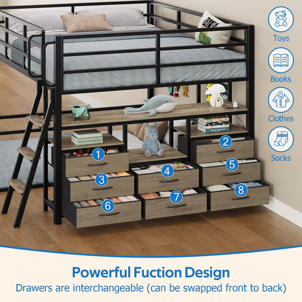 Full Over Twin Bunk Bed with 8 Drawers Grey X4378