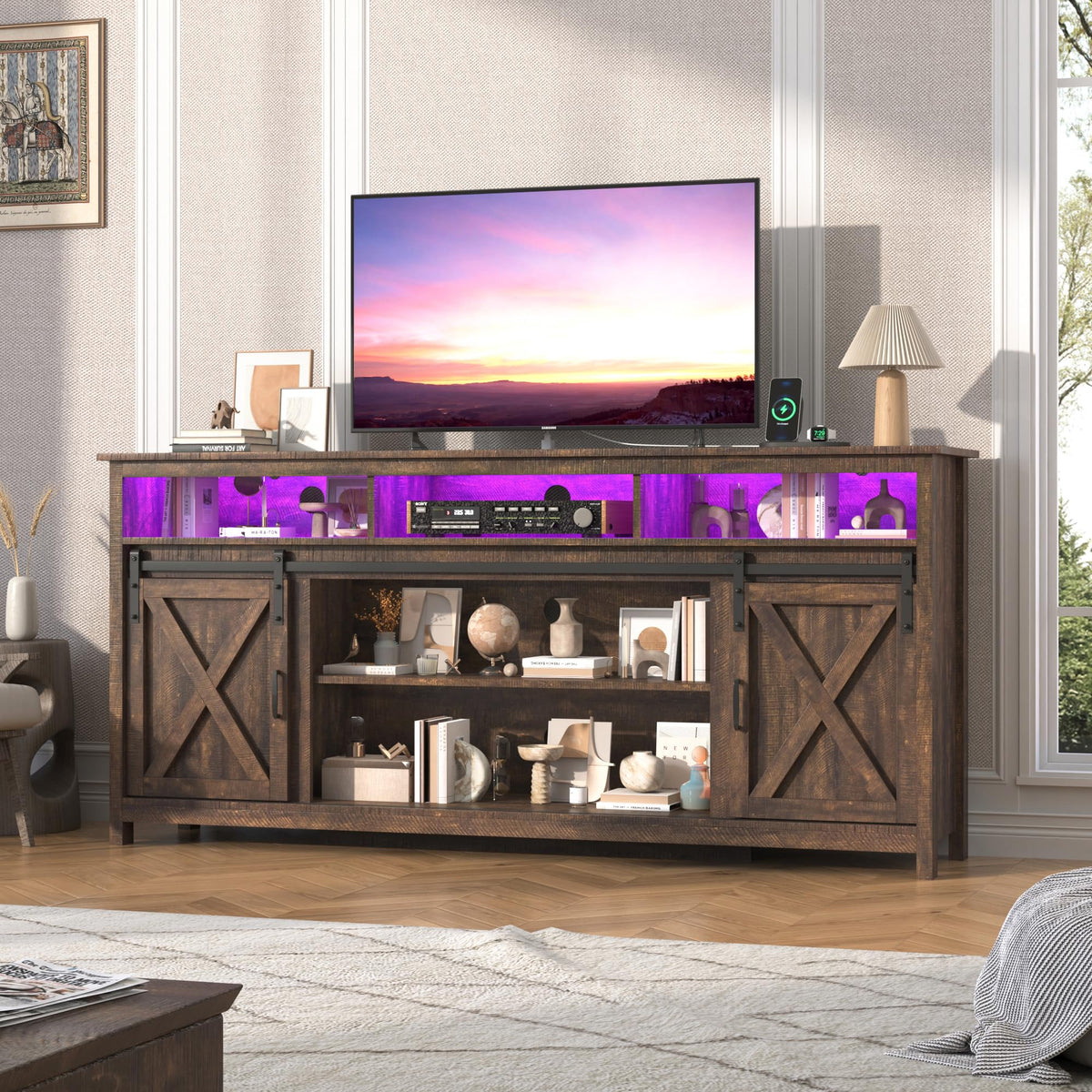 Farmhouse TV Stand with Power Outlet and Sliding Barn Doors F65915