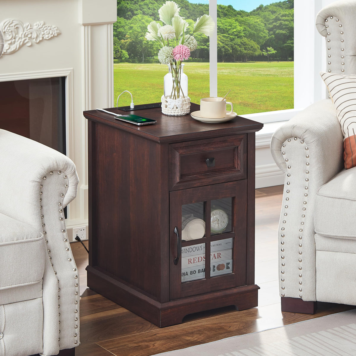 Cherry Side Table with Charging Station V595