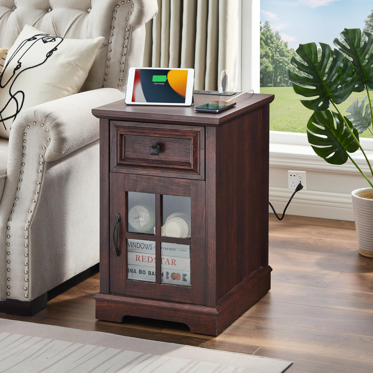 Cherry Side Table with Charging Station V595