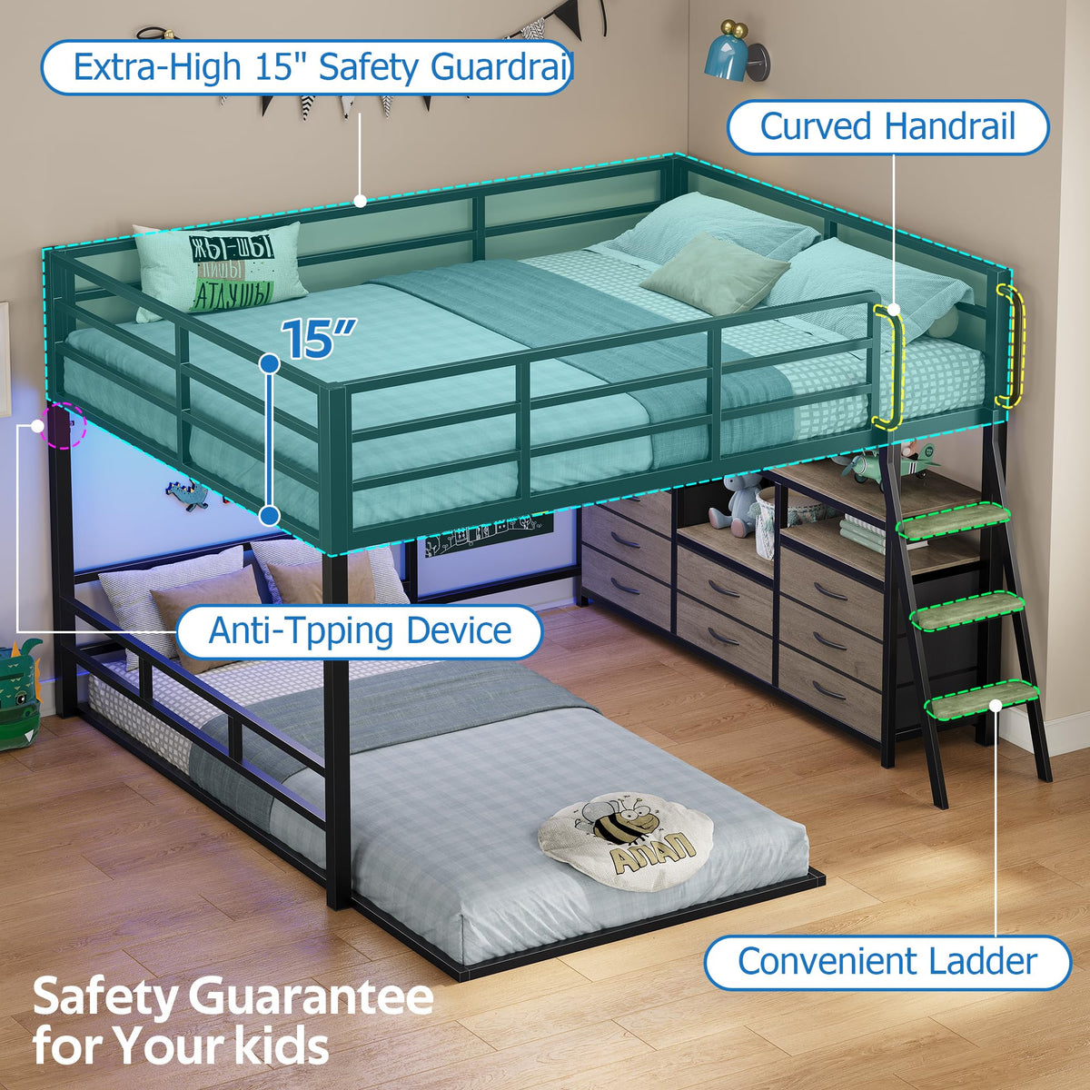 Full Over Twin Bunk Bed with 8 Drawers Grey X4378