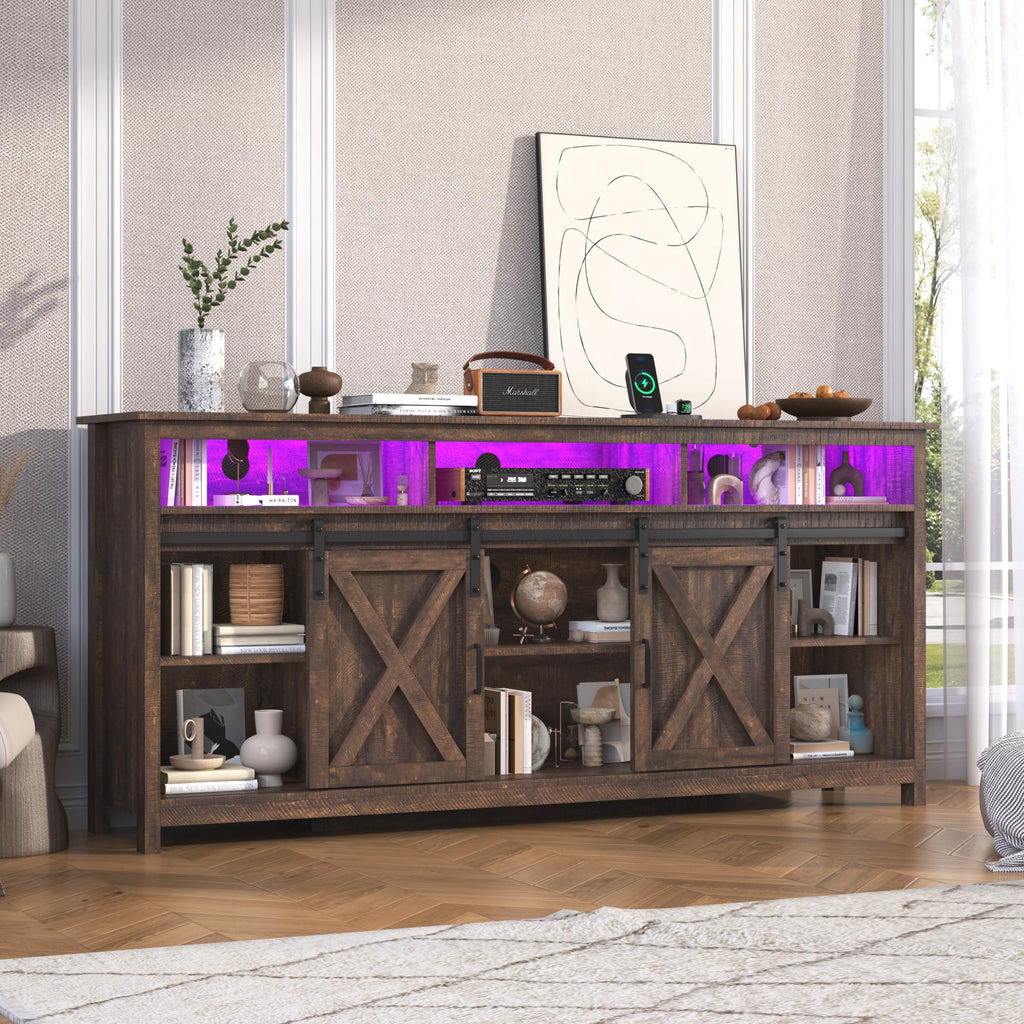 Farmhouse TV Stand with Power Outlet and Sliding Barn Doors F65915