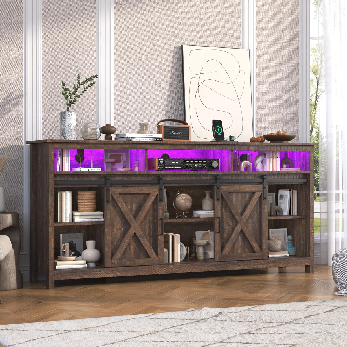 Farmhouse TV Stand with Power Outlet and Sliding Barn Doors F65915