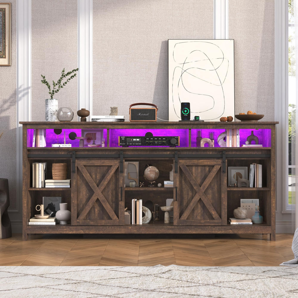 Farmhouse TV Stand with Power Outlet and Sliding Barn Doors F65915