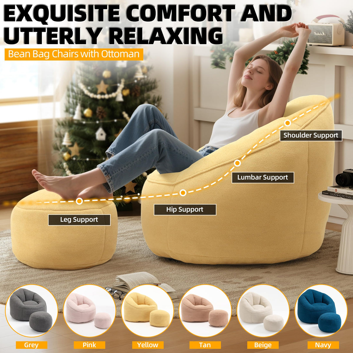 Yellow 3.4 FT Bean Bag Chair with Ottoman K886973