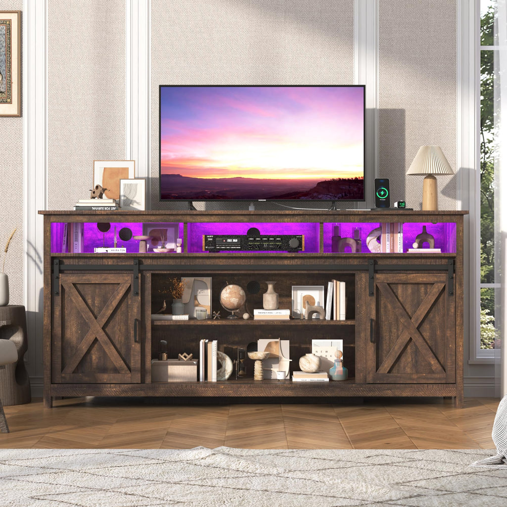 Farmhouse TV Stand with Power Outlet and Sliding Barn Doors F65915