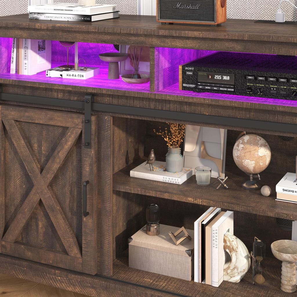 Farmhouse TV Stand with Power Outlet and Sliding Barn Doors F65915