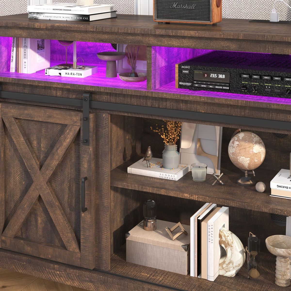 Farmhouse TV Stand with Power Outlet and Sliding Barn Doors F65915
