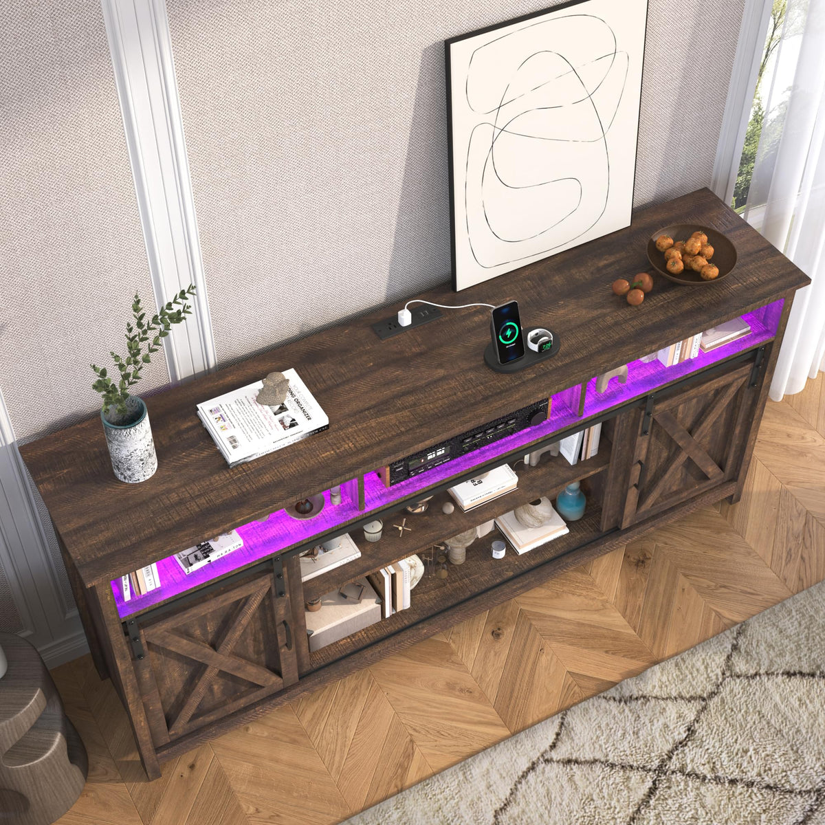 Farmhouse TV Stand with Power Outlet and Sliding Barn Doors F65915
