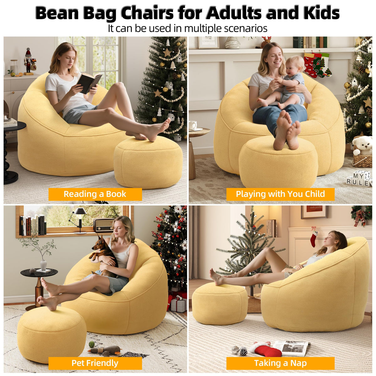 Yellow 3.4 FT Bean Bag Chair with Ottoman K886973
